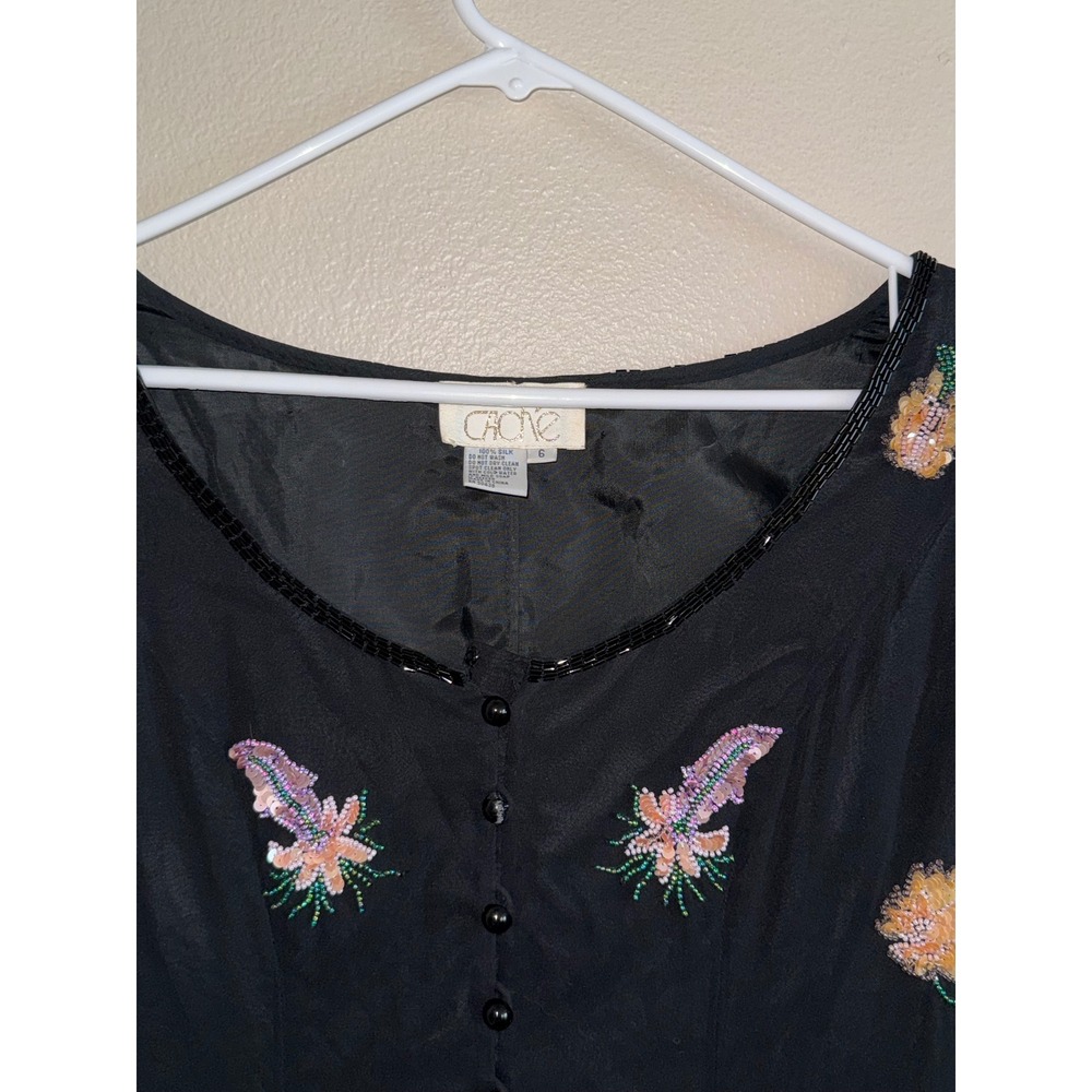 Vintage Cache Black 100% Silk Beaded Pineapple Floral Mini Dress Womens 6 - Picture 5 of 11